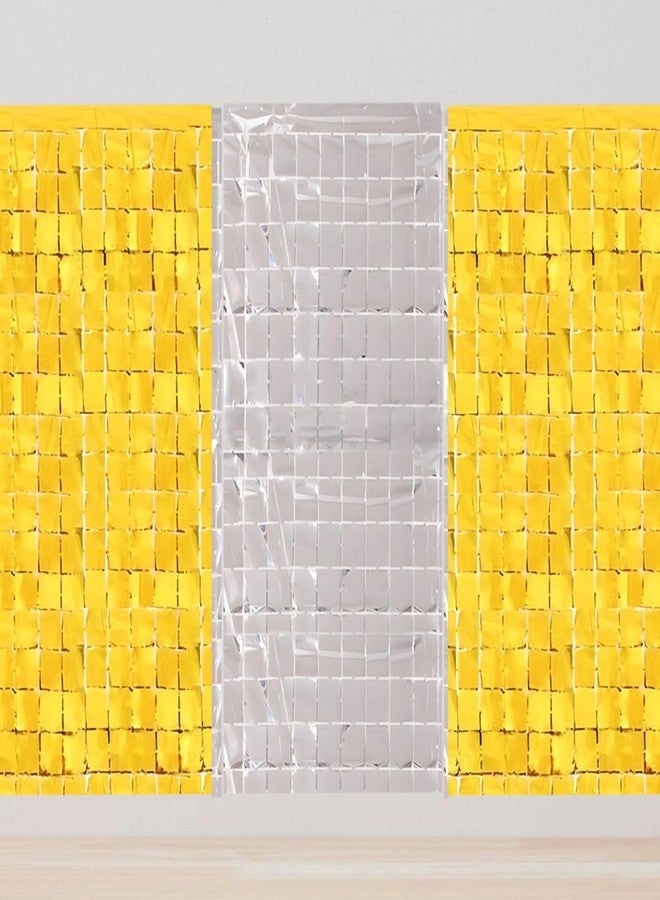Juzfun Square Foil Curtains Backdrop | Pack of 3 (1 Silver & 2 Gold) | Sparkling Fringe Curtain for Weddings Anniversaries Baby Showers Birthday Stage Background Decorations - 9 x 6 ft